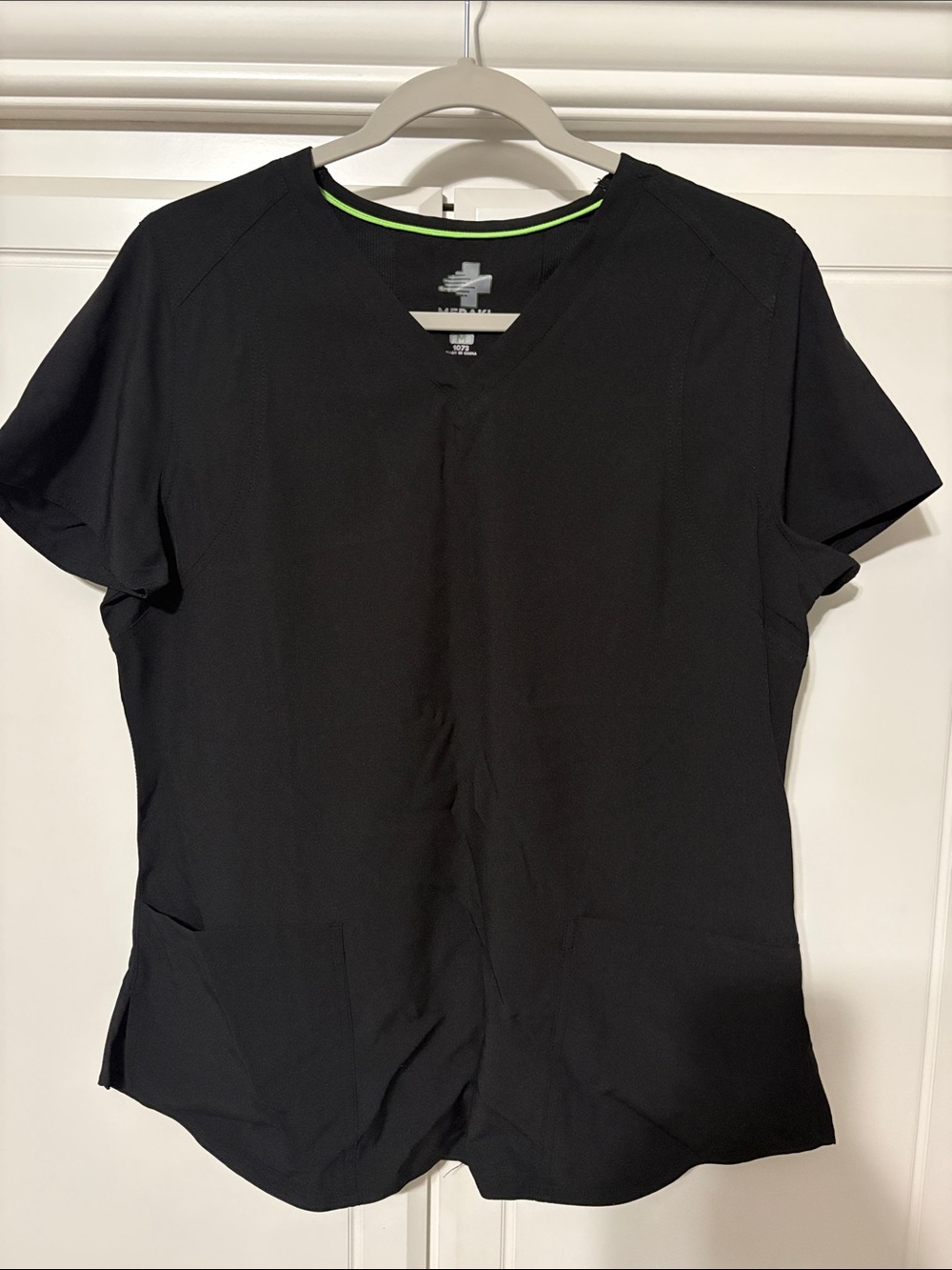Women’s Scrub top: Meraki Black V-Neck Short Sleeve Shirt with Neon Green Trim